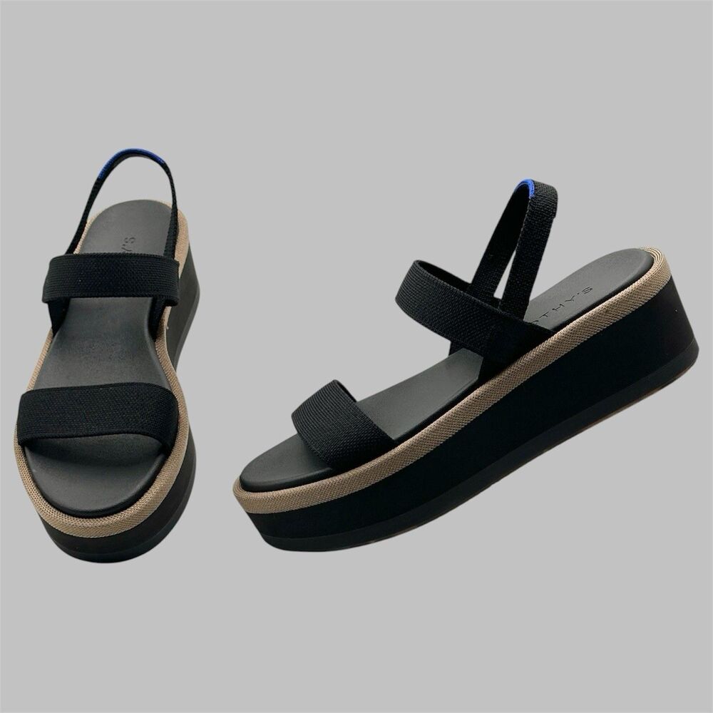 Rothys The Lightweight Wedge Black Knit Platform Sandals Womens Size 8 New